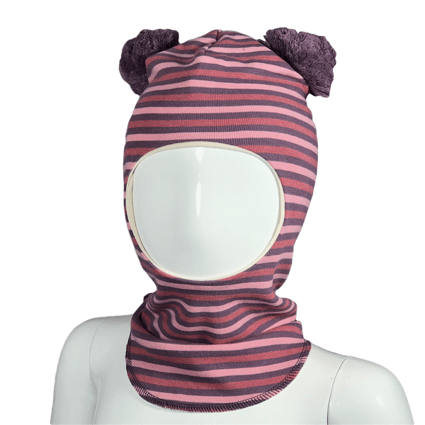 Kivat, lillastripet hettelue i bomull med store dusker 